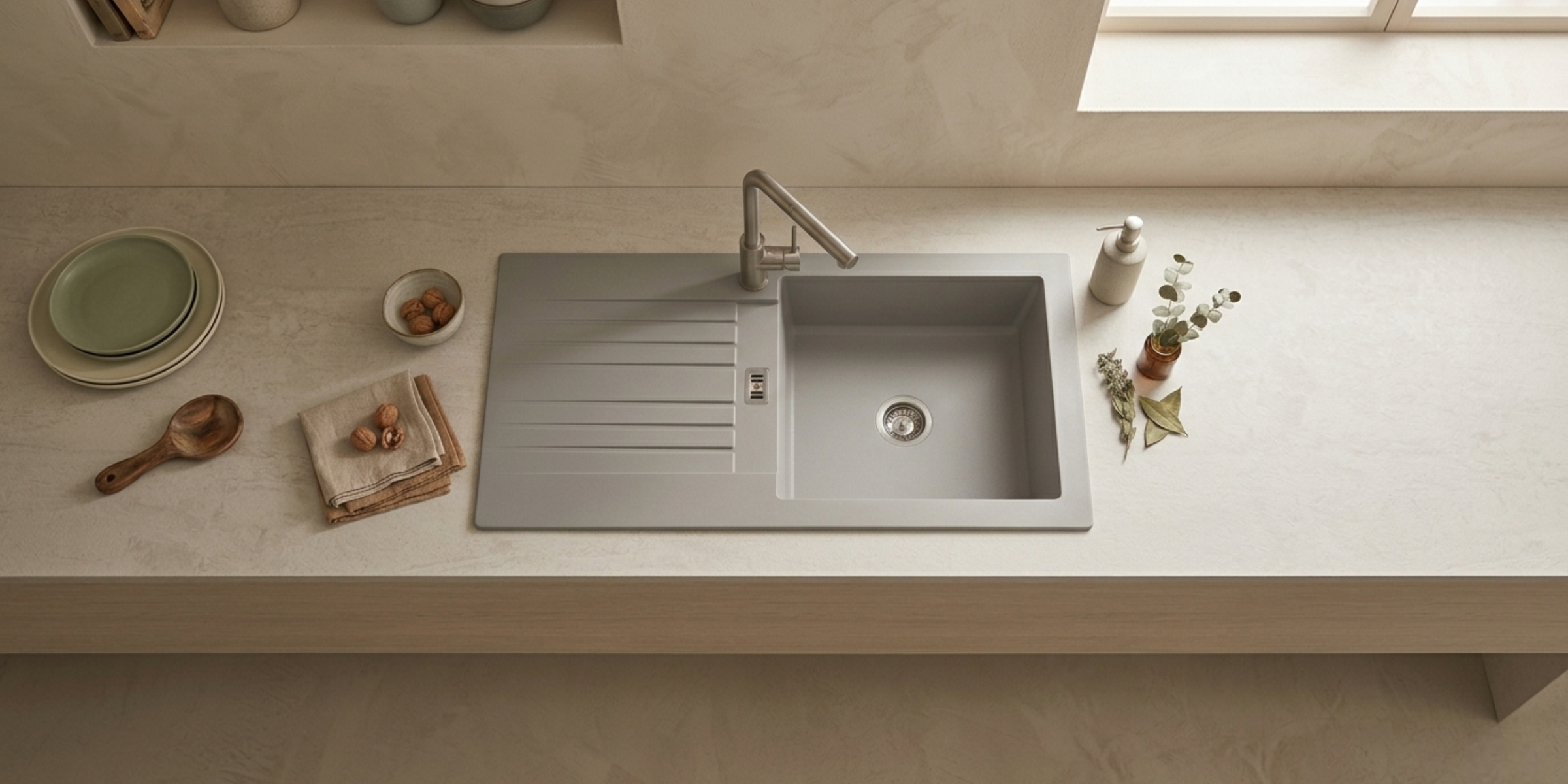 Évier résine gris béton PLUTON 1 grand bac 1 égouttoir, surface texturée ultra résistante aux chocs et aux hautes rayures.