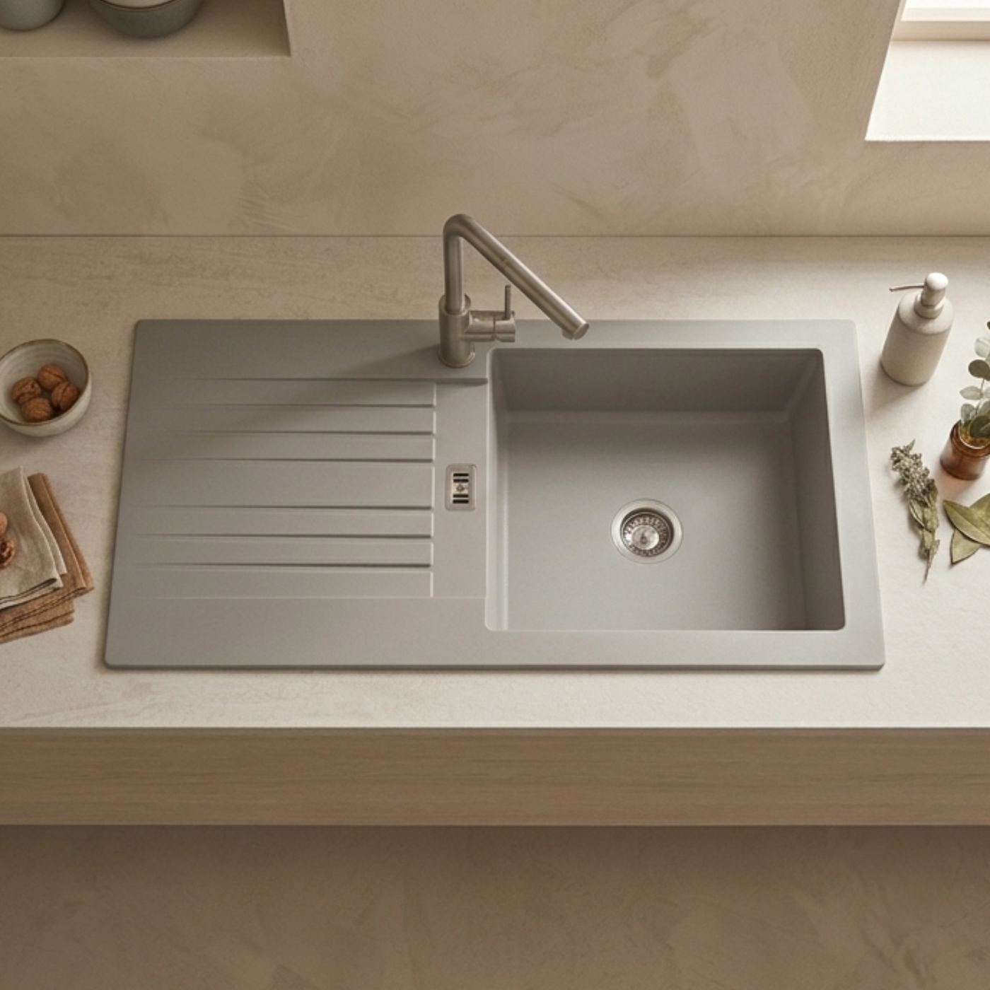 Évier résine gris béton PLUTON 1 grand bac 1 égouttoir