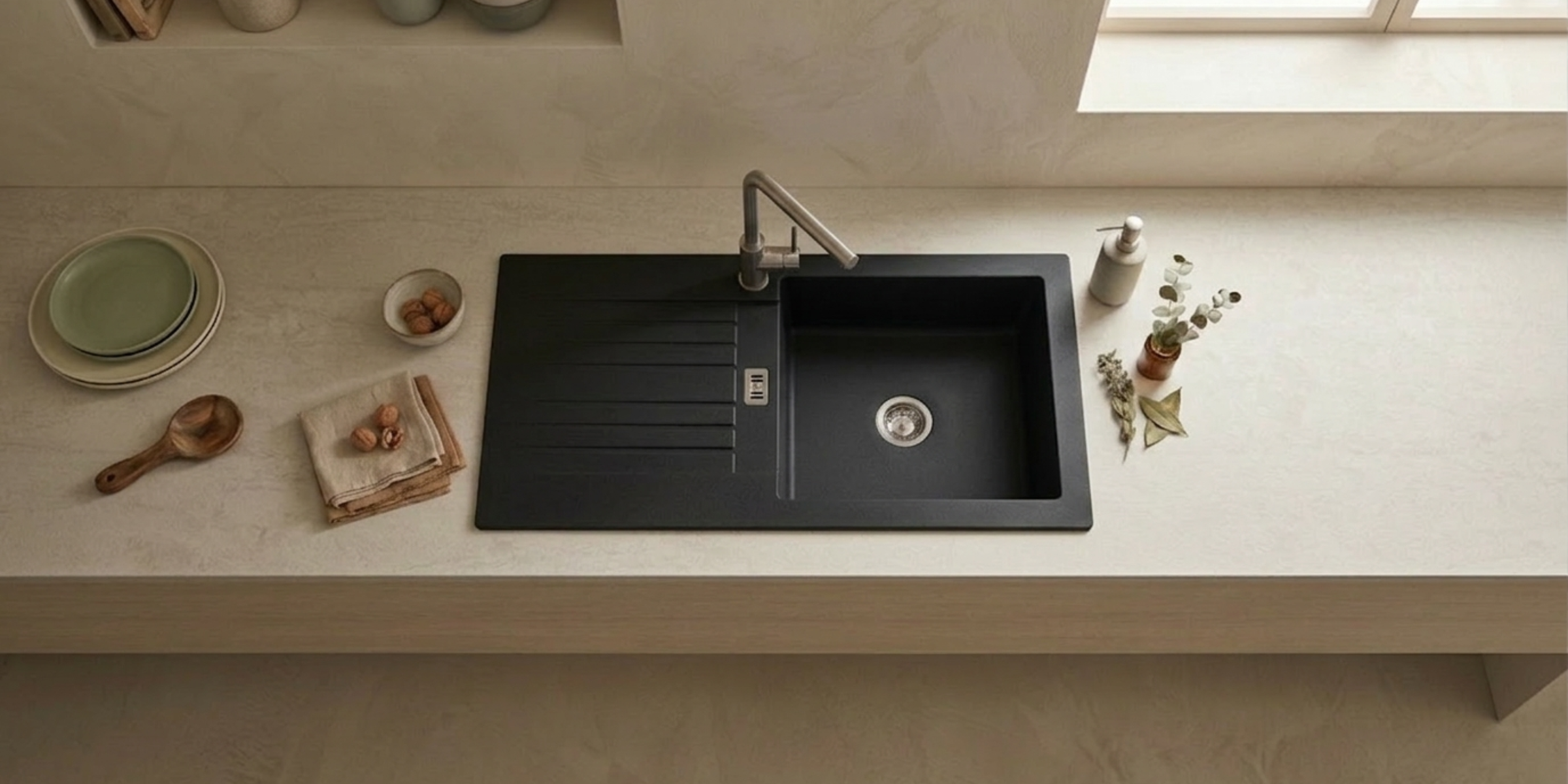 Évier résine noir PLUTON 1 grand bac 1 égouttoir, design contemporain et robuste offrant un contraste élégant en cuisine.