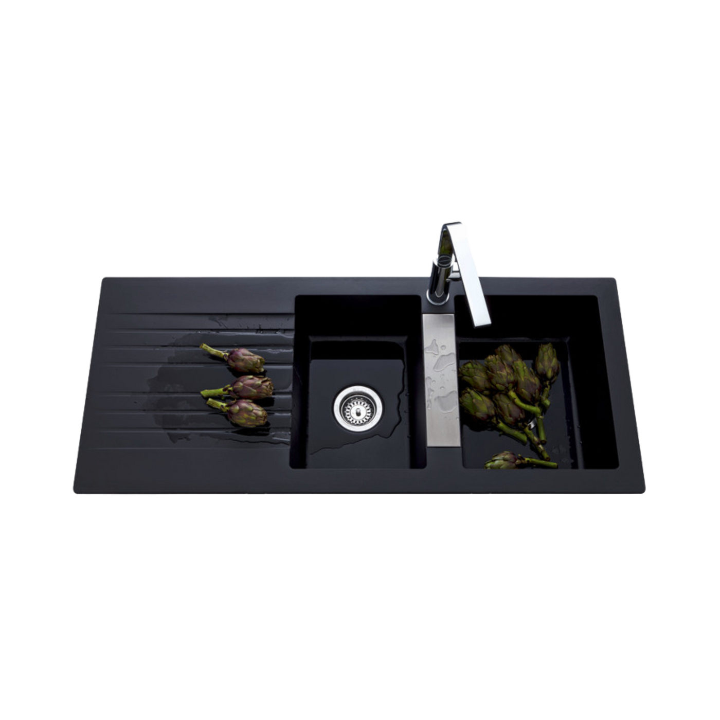 Évier résine noir PLUTON 2 bacs 1 égouttoir avec plaque