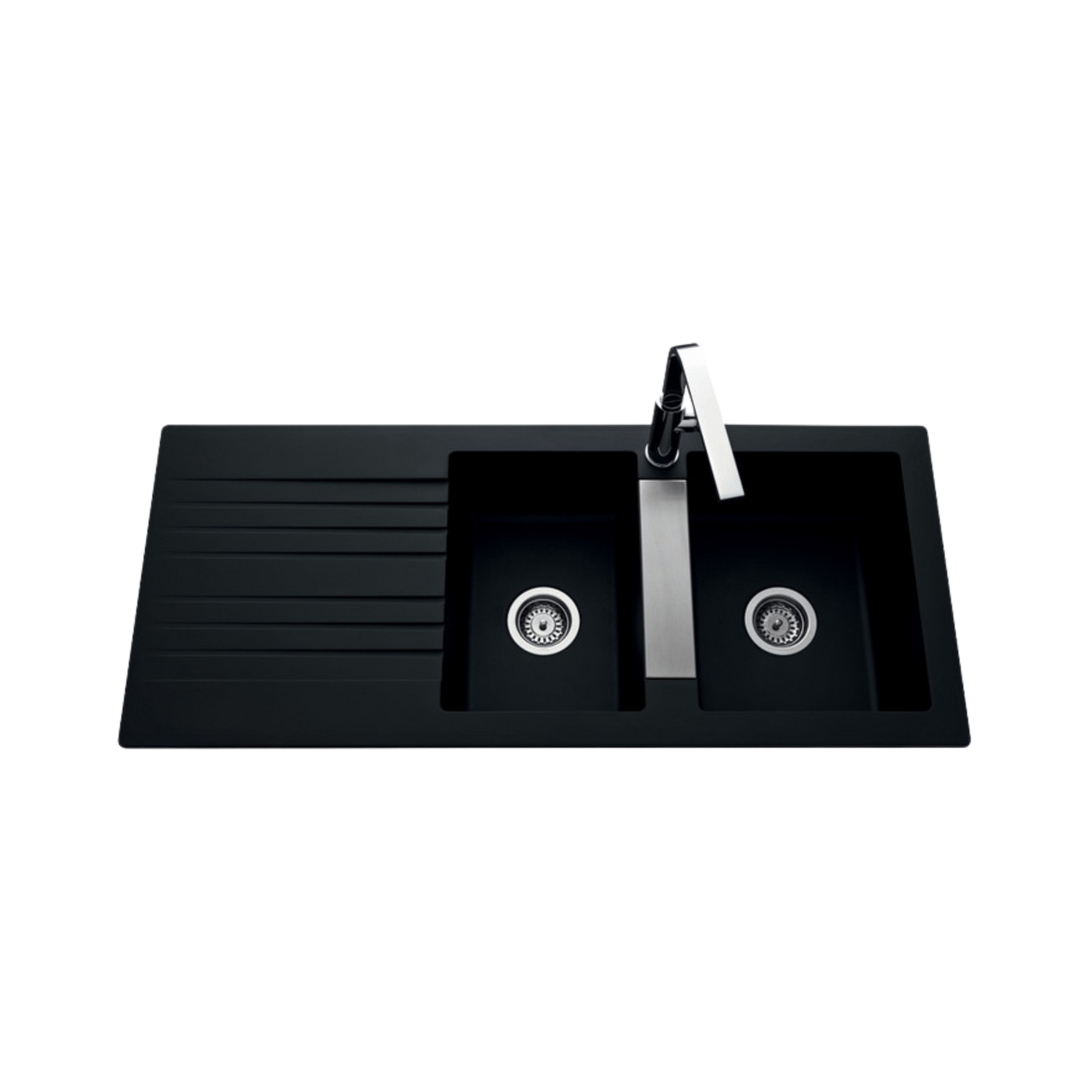 Évier résine noir PLUTON 2 bacs 1 égouttoir avec plaque