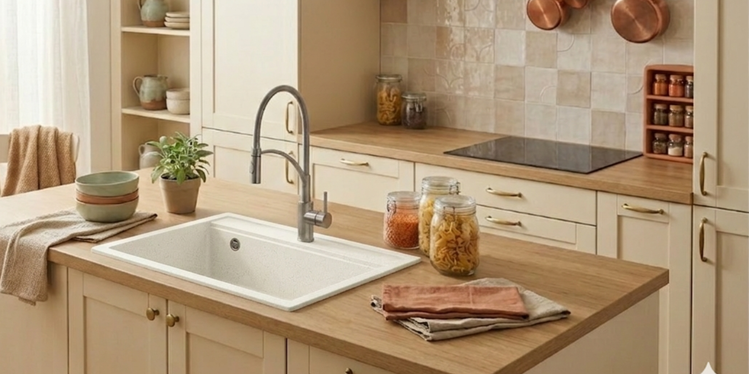 Évier granit blanc Helika QUADRO 1 bac, une surface non poreuse antibactérienne pour une hygiène parfaite dans votre cuisine.