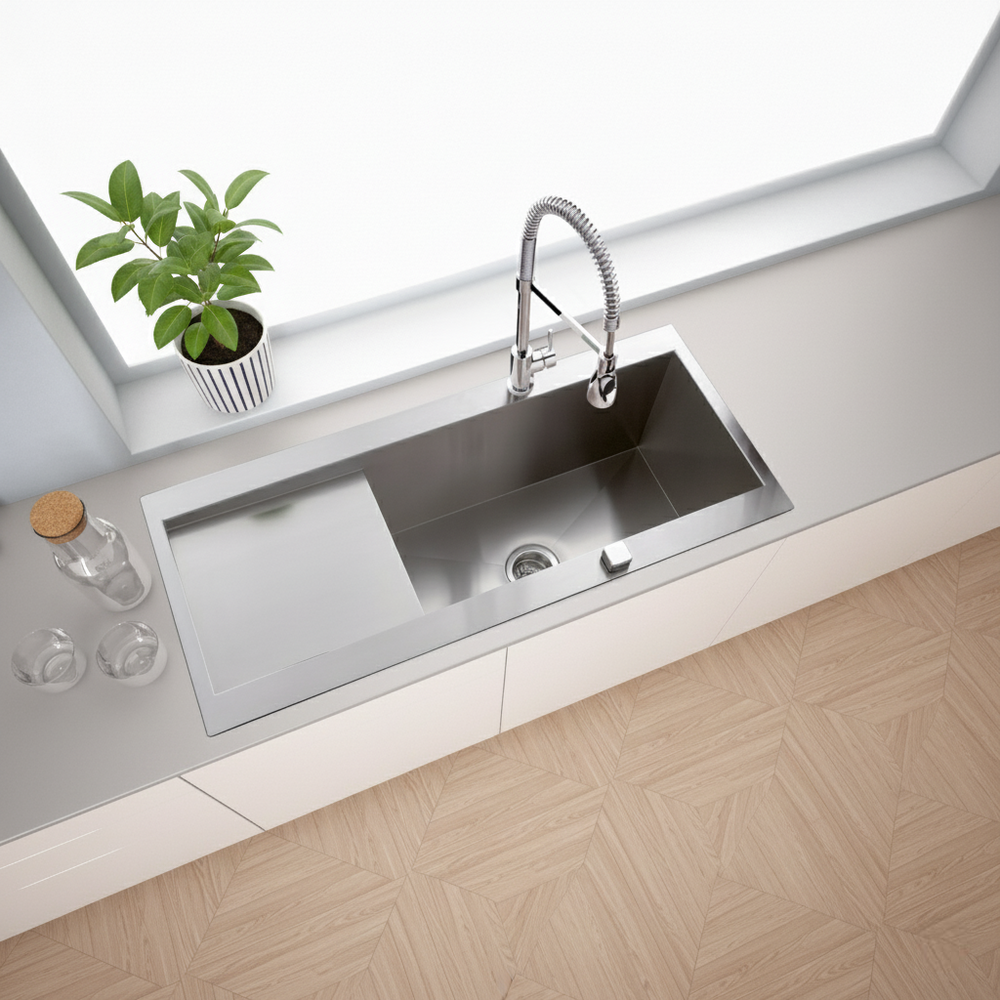 Évier inox lisse RIKAS 1 très grand bac 1 égouttoir