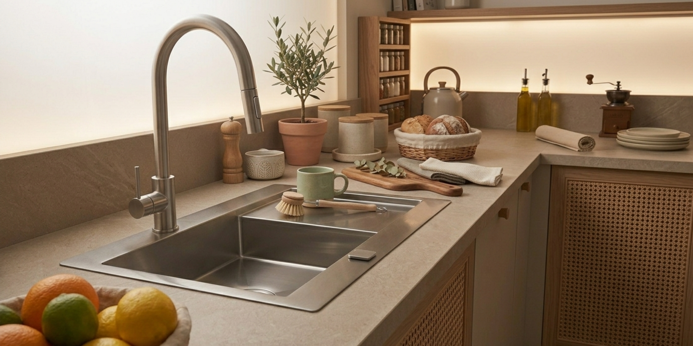 Évier inox lisse RIKAS 1 grand bac 1 petit égouttoir, une cuve réversible en acier brillant classique et très durable.