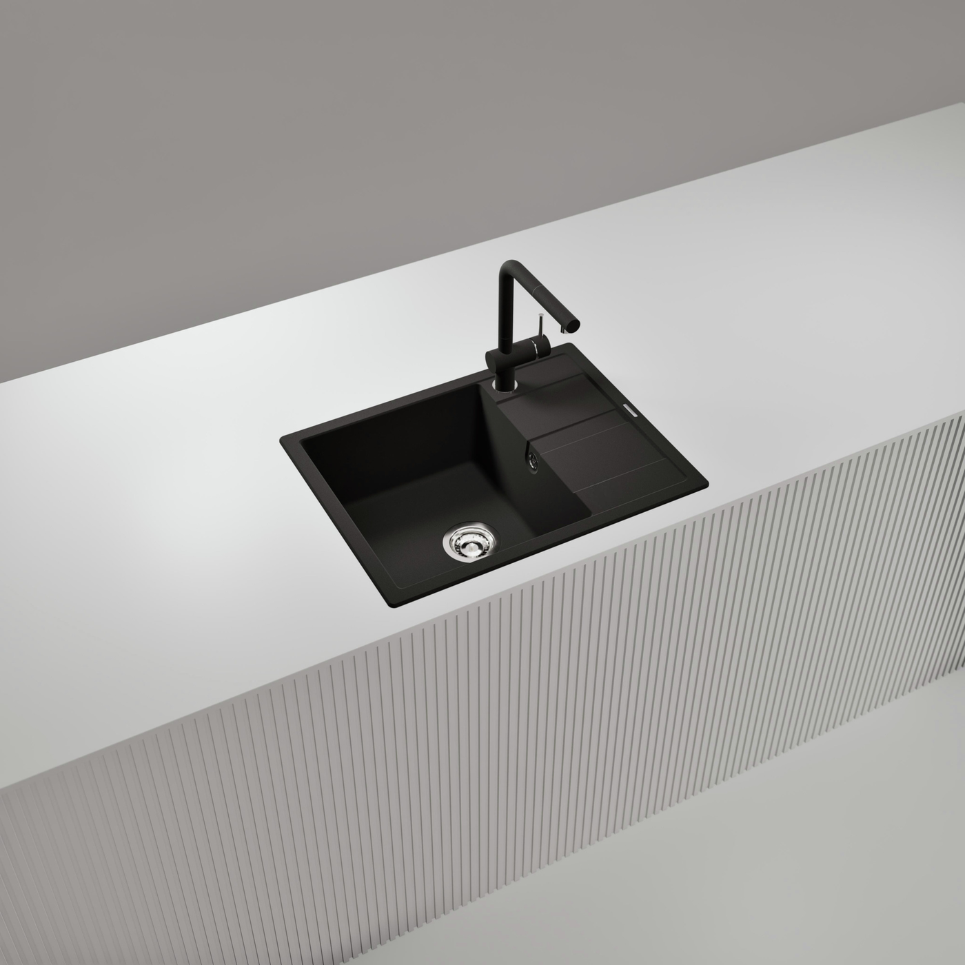 Evier granit noir profond Shock RONDA 1 grand bac - 1 petit égouttoir