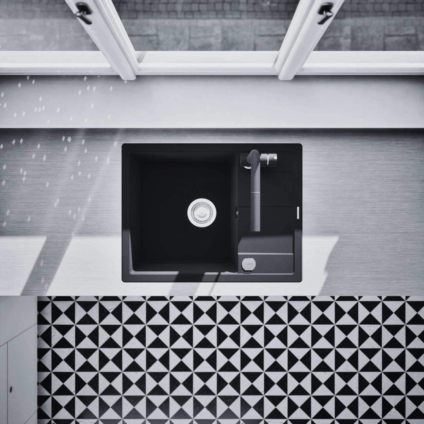 Evier granit noir profond Shock RONDA 1 grand bac - 1 petit égouttoir