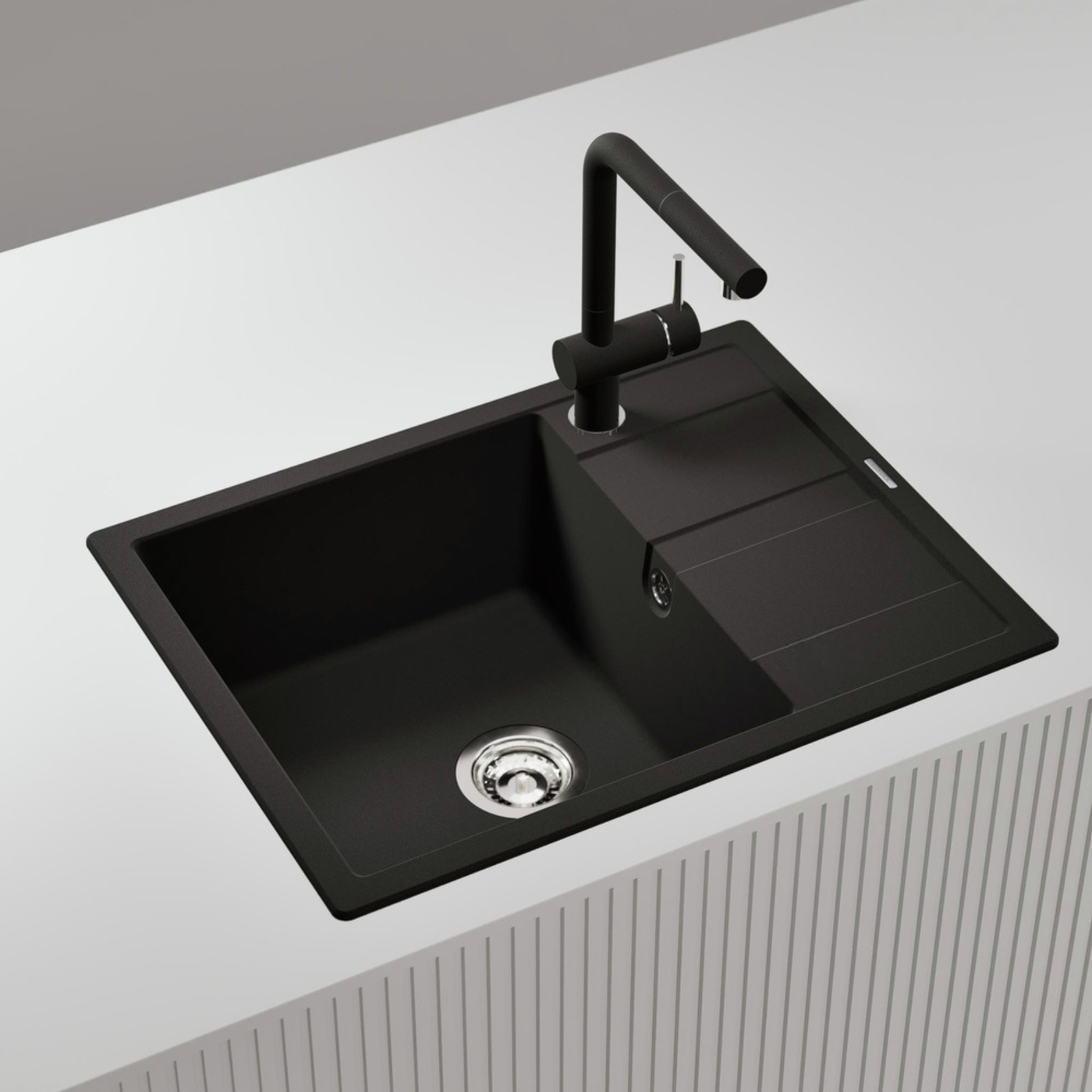 Evier granit noir profond Shock RONDA 1 grand bac - 1 petit égouttoir