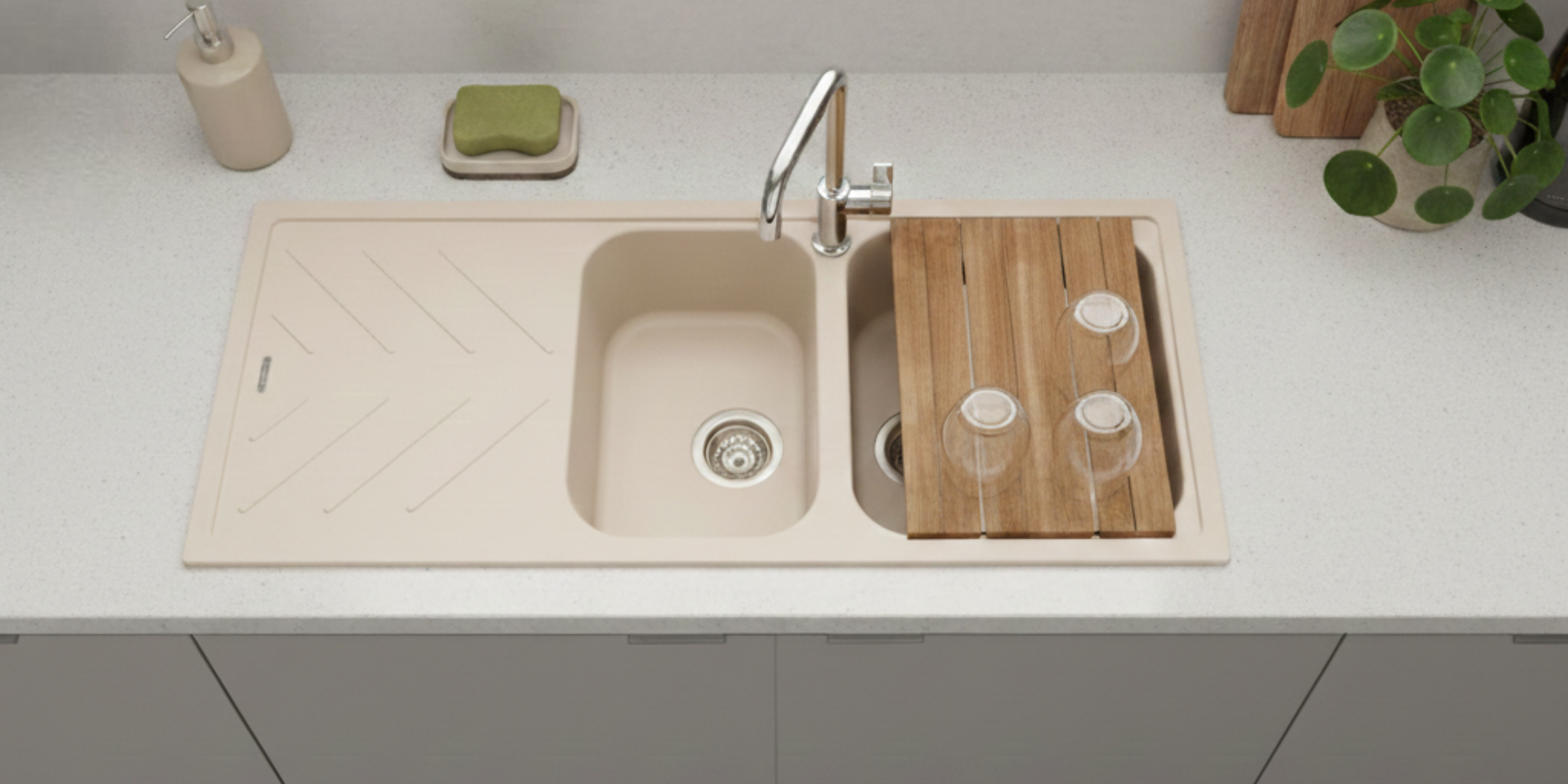 Évier granit beige Luisina ARPEGE 2 bacs, double cuve spacieuse avec égouttoir pour une organisation optimale du lavage.