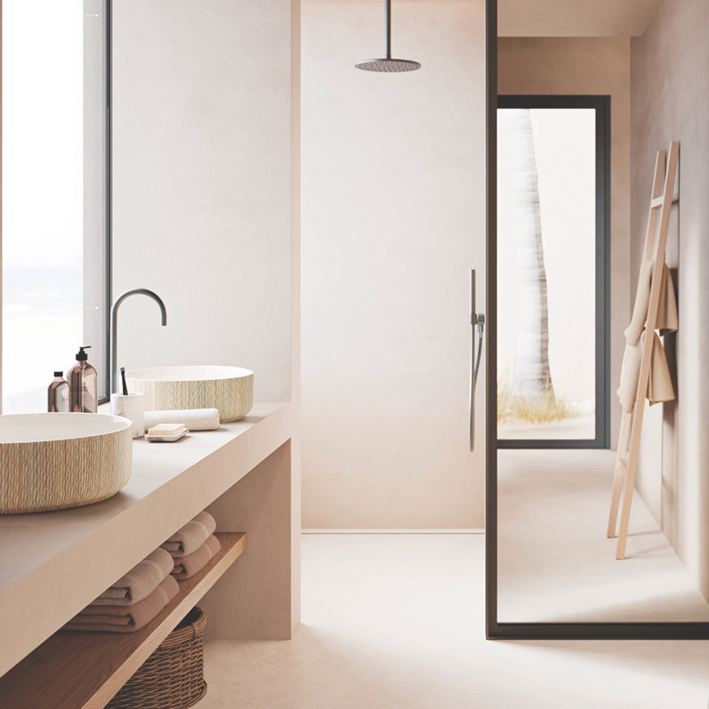 Vasque ronde salle de bain céramique blanc à poser 1 bac 380x380 - motif bambou