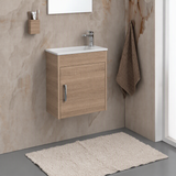 Meuble vasque salle de bain lave main céramique blanc et chêne JAMES 1 bac 500x450