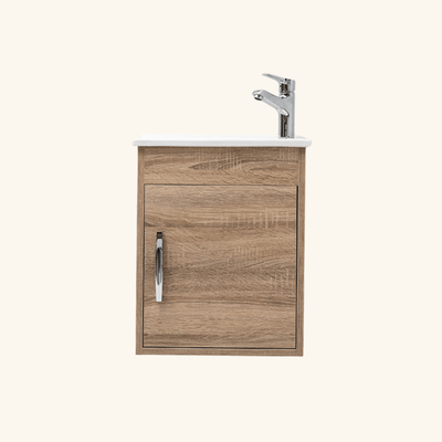 Meuble vasque salle de bain lave main céramique blanc et chêne JAMES 1 bac 500x450