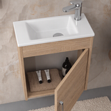 Meuble vasque salle de bain lave main céramique blanc et chêne JAMES 1 bac 500x450