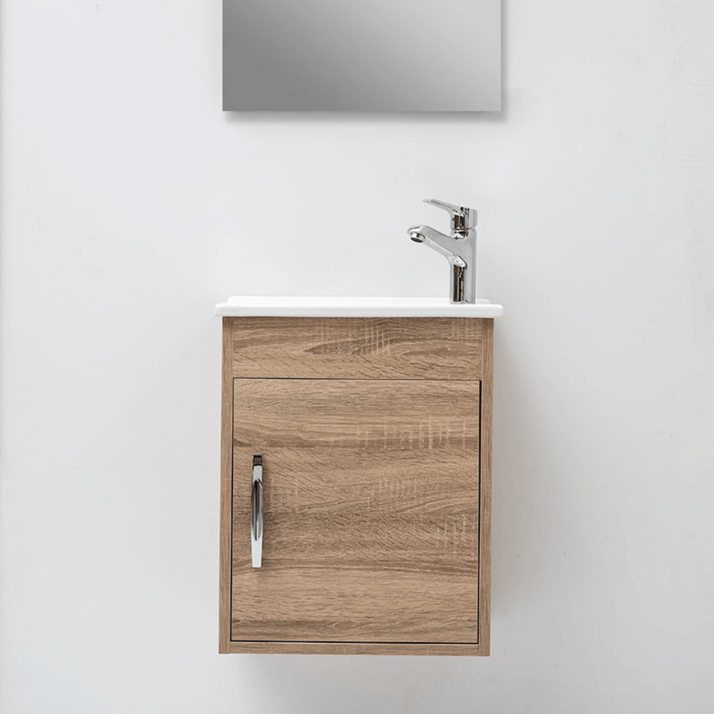 Meuble vasque salle de bain lave main céramique blanc et chêne JAMES 1 bac 500x450