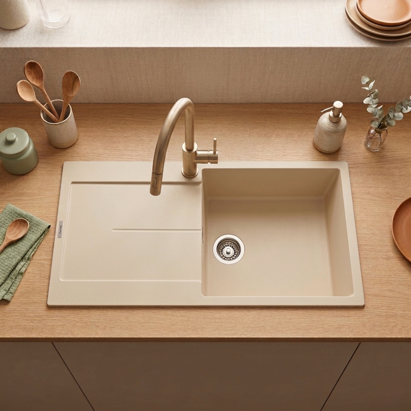 Évier granit beige Luisina TAM TAM 1 grand bac 1 égouttoir