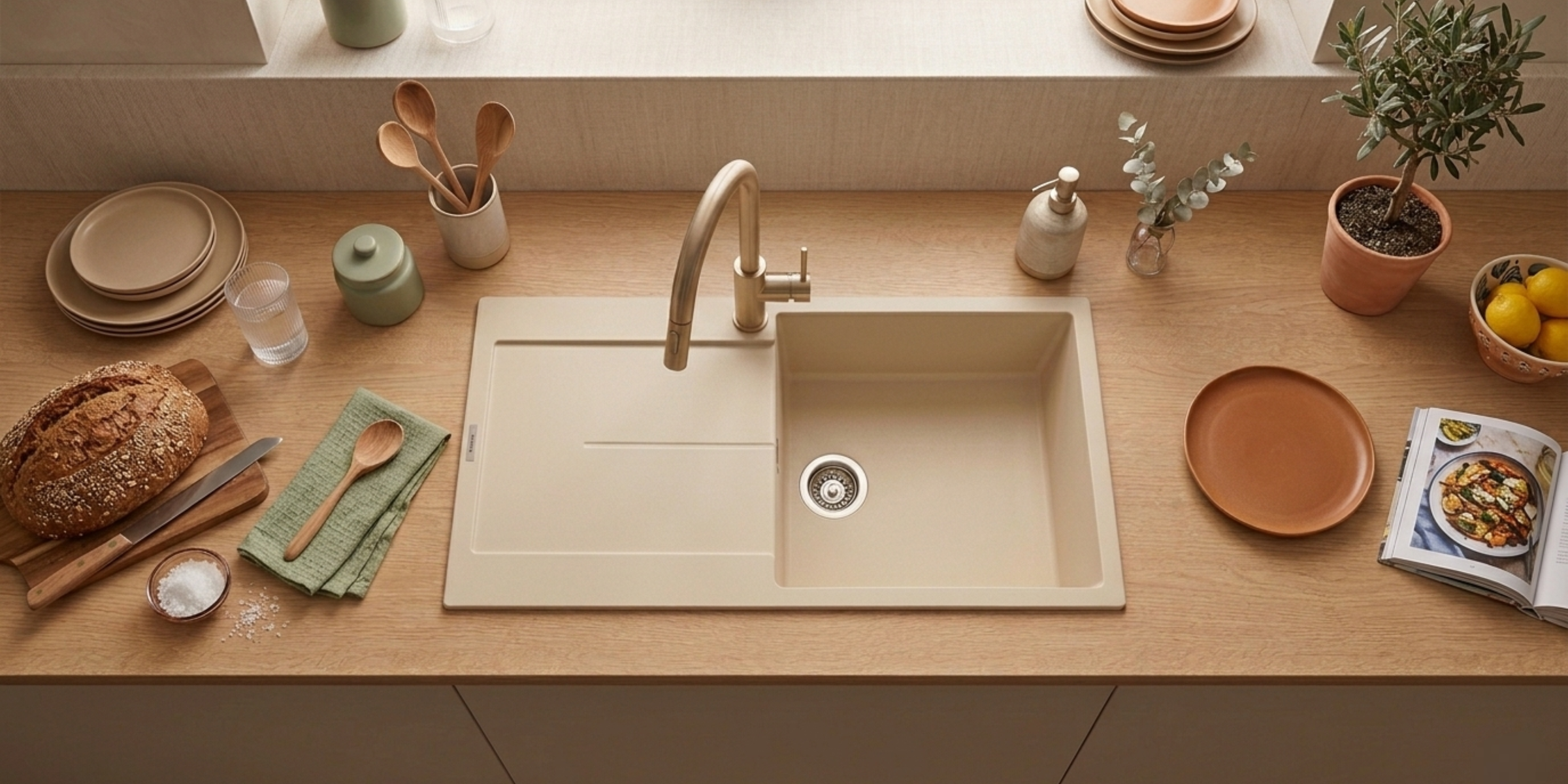 Évier granit beige Luisina TAM TAM, cuve large et profonde avec égouttoir pour un confort de lavage optimal en cuisine.