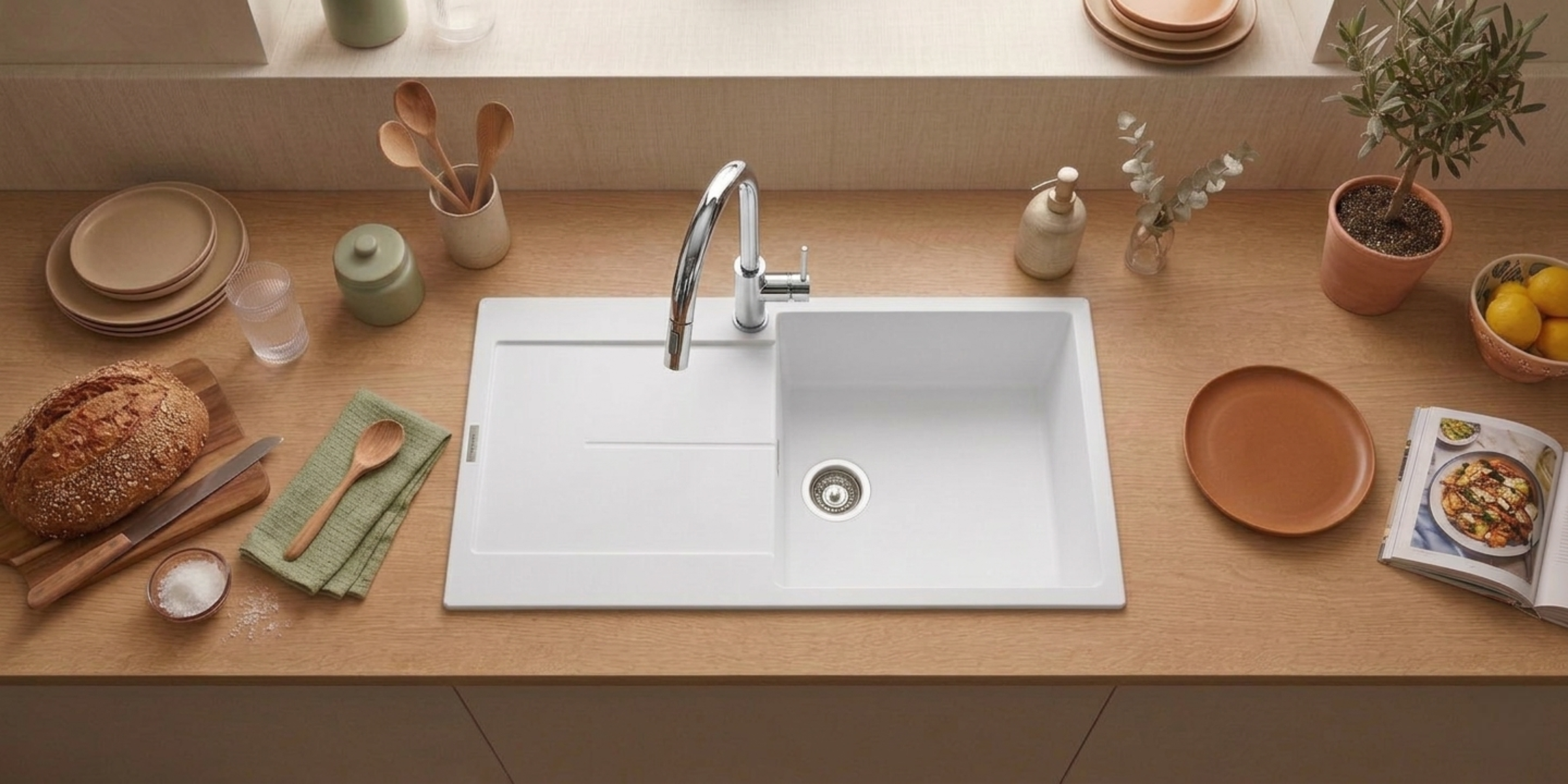 Évier granit blanc pur Luisina TAM TAM 1 bac 1 égouttoir, design épuré, durable, style moderne