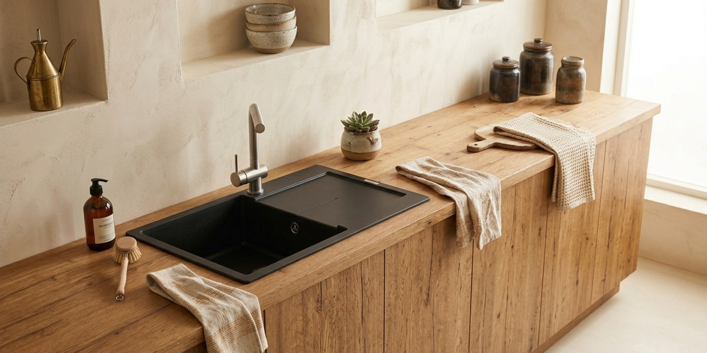 Évier granit noir Luisina TAM TAM 1 grand bac 1 petit égouttoir, modèle compact en quartz idéal pour les petits espaces.