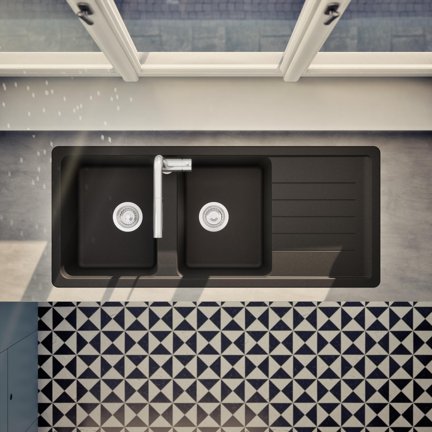 Évier granit noir Schock TOLEDO 2 bacs 1 égouttoir