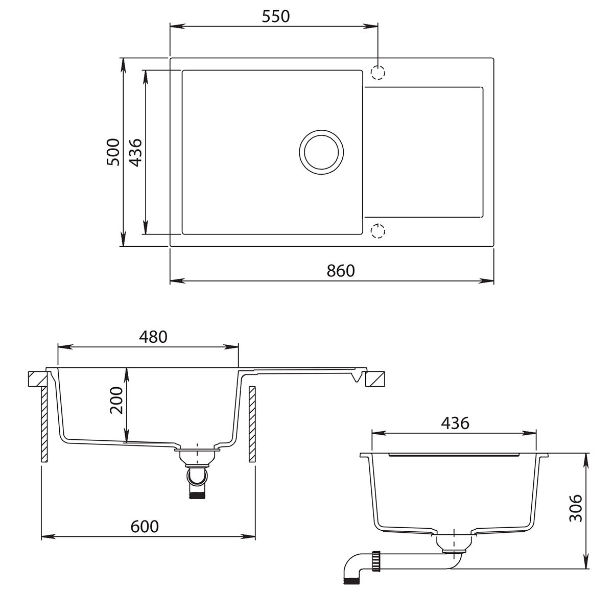 Evier granit blanc Aquasanita TESIS 1 bac XL - 1 petit égouttoir