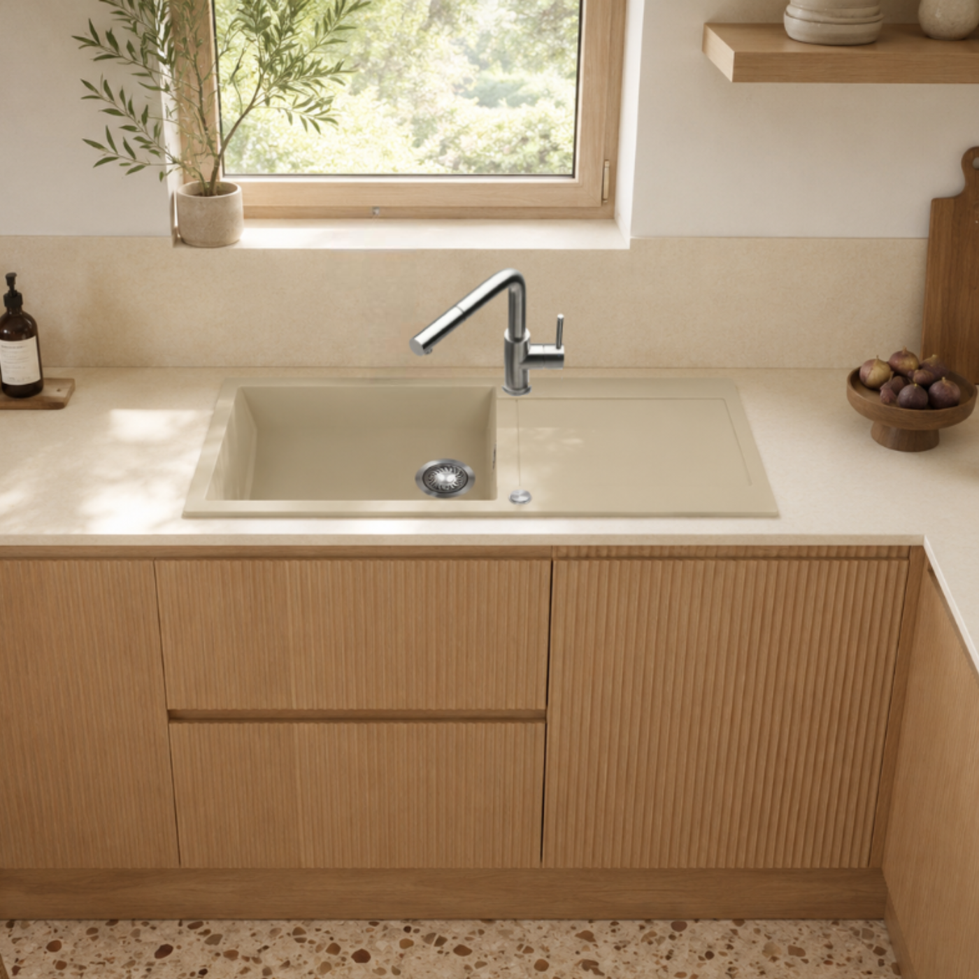 Evier granit beige Helika TESIS 1 grand bac - 1 égouttoir
