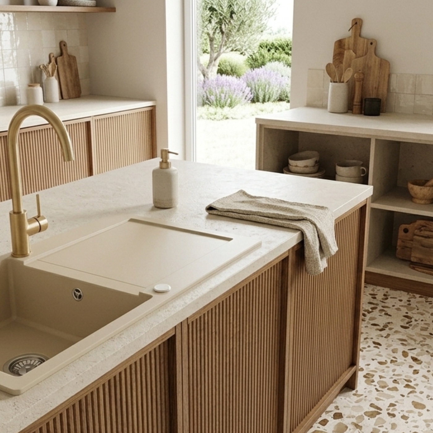 Evier granit beige Helika TESIS 1 grand bac - 1 égouttoir