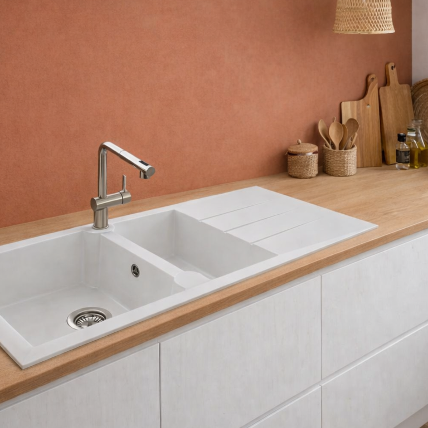 Évier résine blanc TUNIA 2 bacs 1 égouttoir