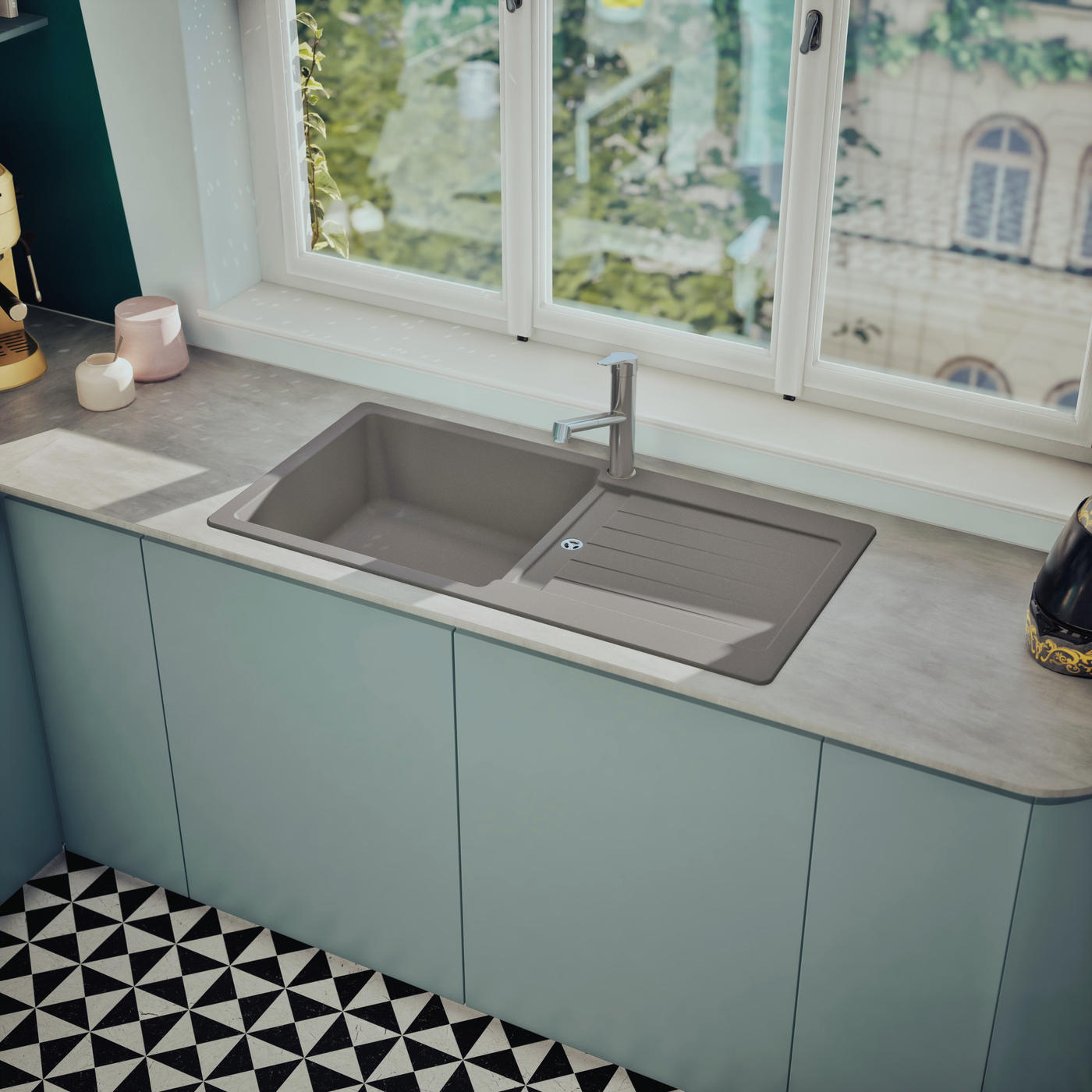 Évier granit gris Schock TYPOS 1 grand bac 1 égouttoir