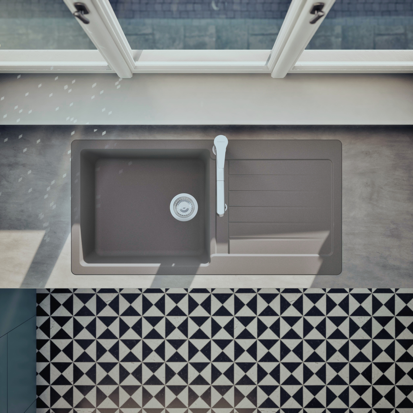 Évier granit gris Schock TYPOS 1 grand bac 1 égouttoir