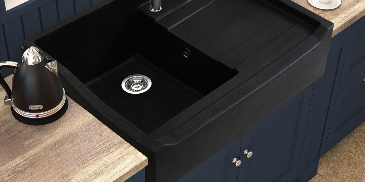 Cuisine équipée d'un Évier timbre d´office granit noir Kümbad TERRY 1 bac 1 égouttoir à droite