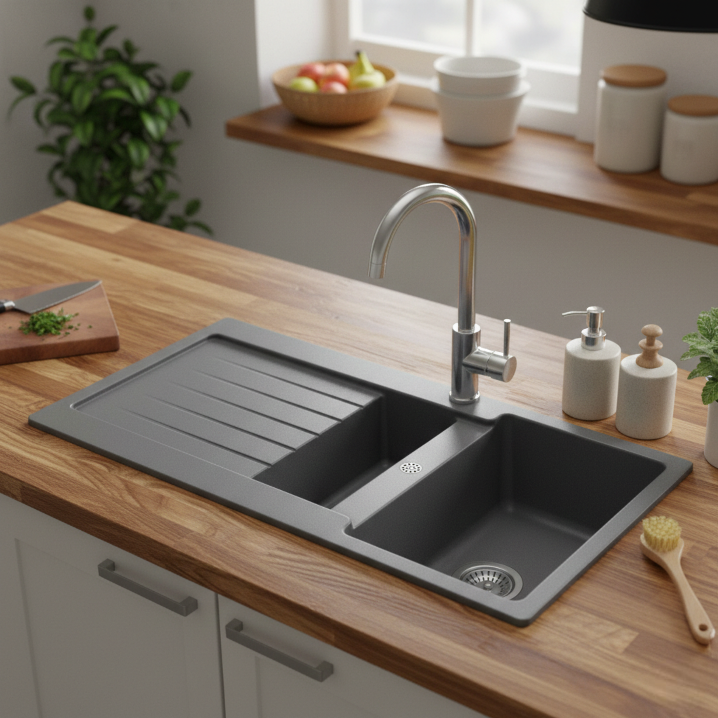 Évier granit gris Schock LEDIS 1 bac et demi - 1 égouttoir