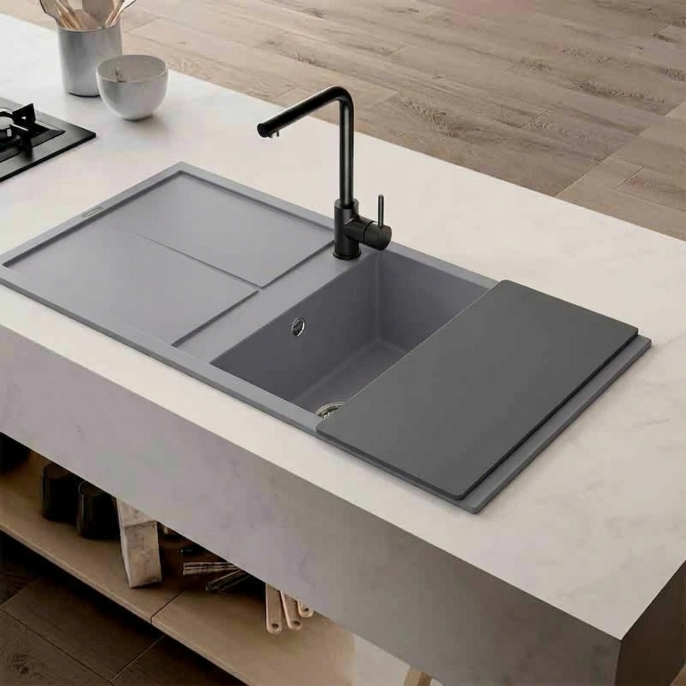 Evier granit gris métal Luisina MAESTOSO 1 grand bac 1 égouttoir
