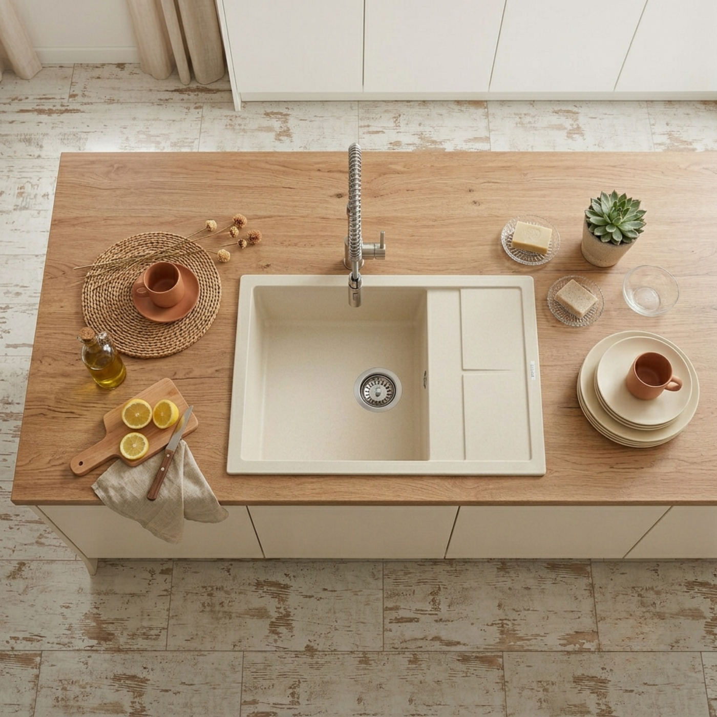 Evier granit beige Luisina MAESTOSO 1 bac 1 petit égouttoir