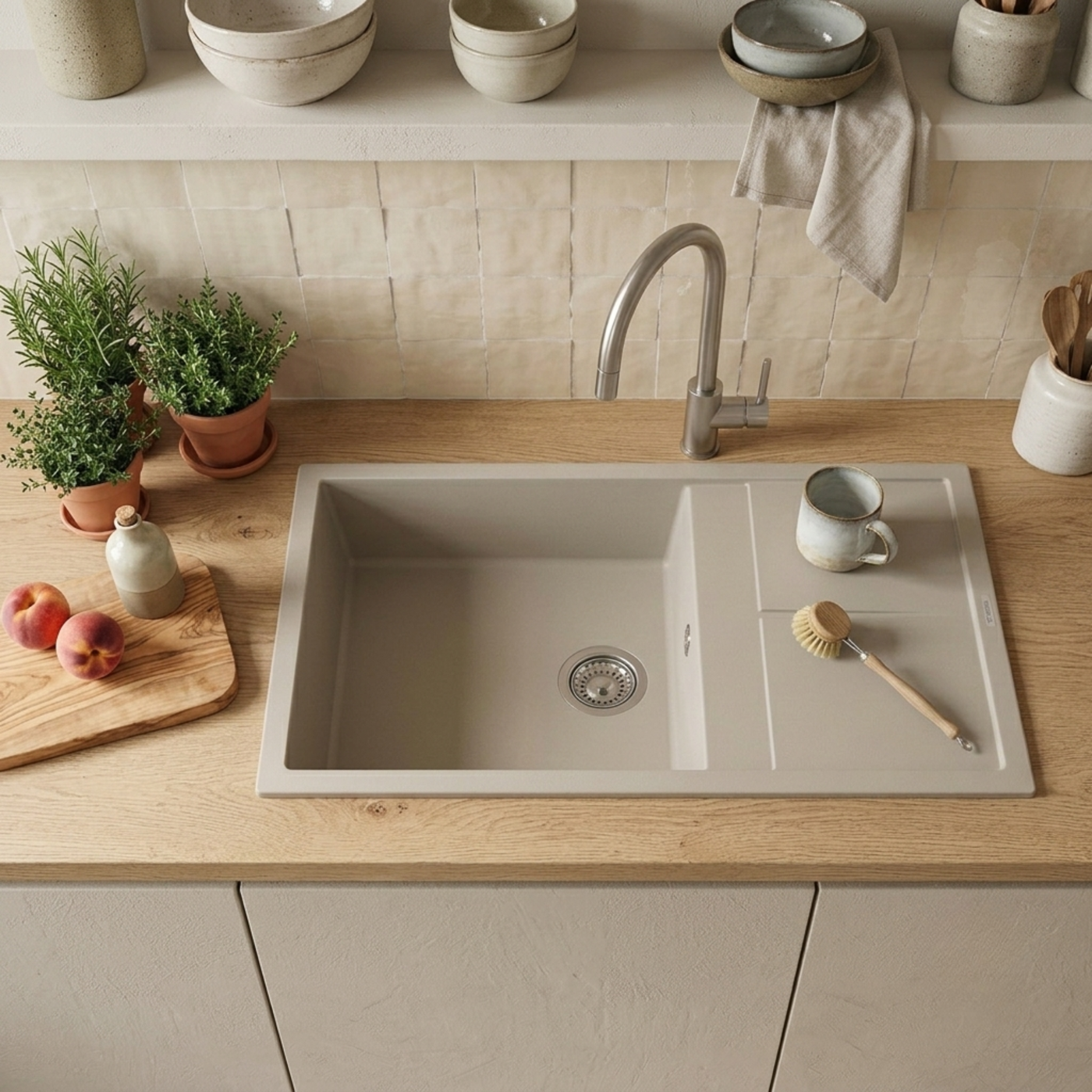 Evier granit beige Luisina MAESTOSO 1 grand bac 1 petit égouttoir 86x50