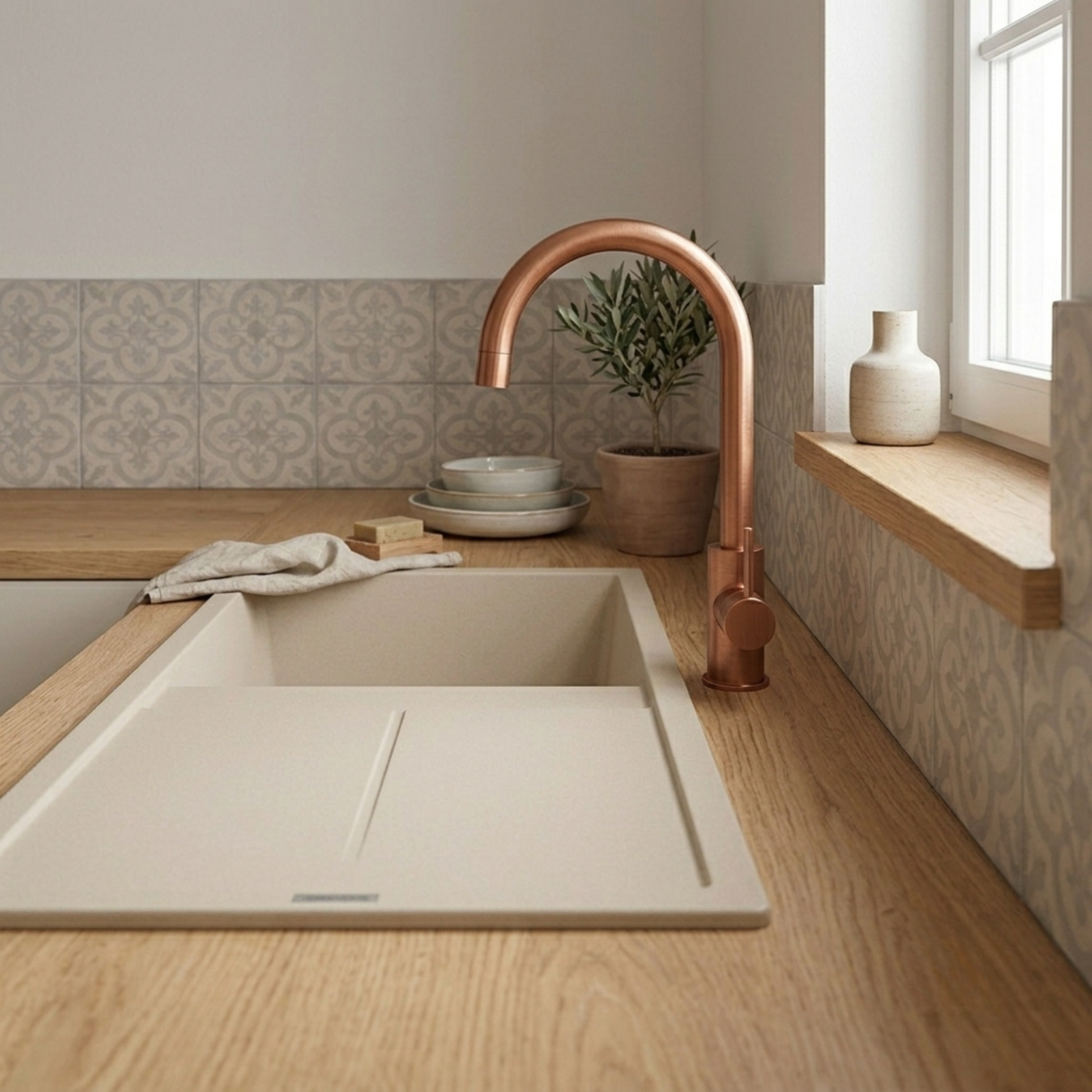 Evier granit beige Luisina MAESTOSO 1 grand bac 1 égouttoir
