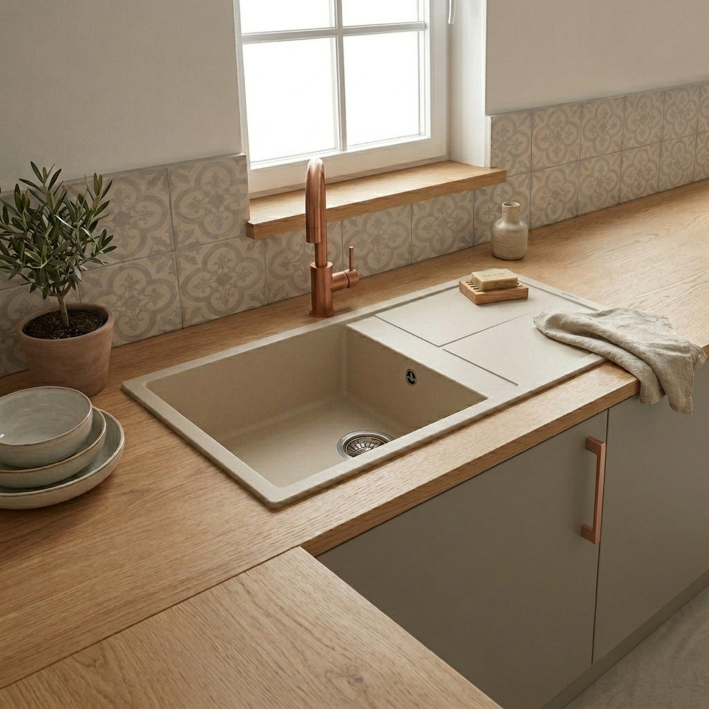 Evier granit beige Luisina MAESTOSO 1 grand bac 1 égouttoir