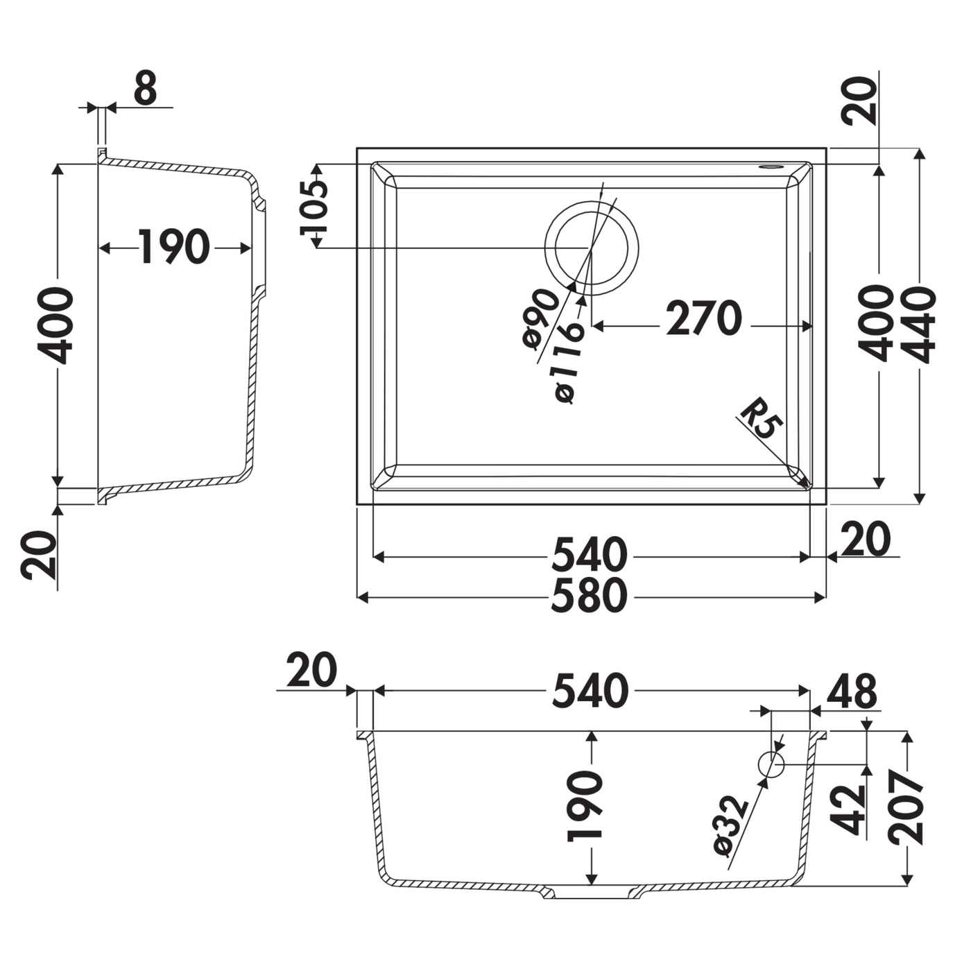 Évier sous-plan granit blanc Luisina QUADRILLE 1 bac 580x440