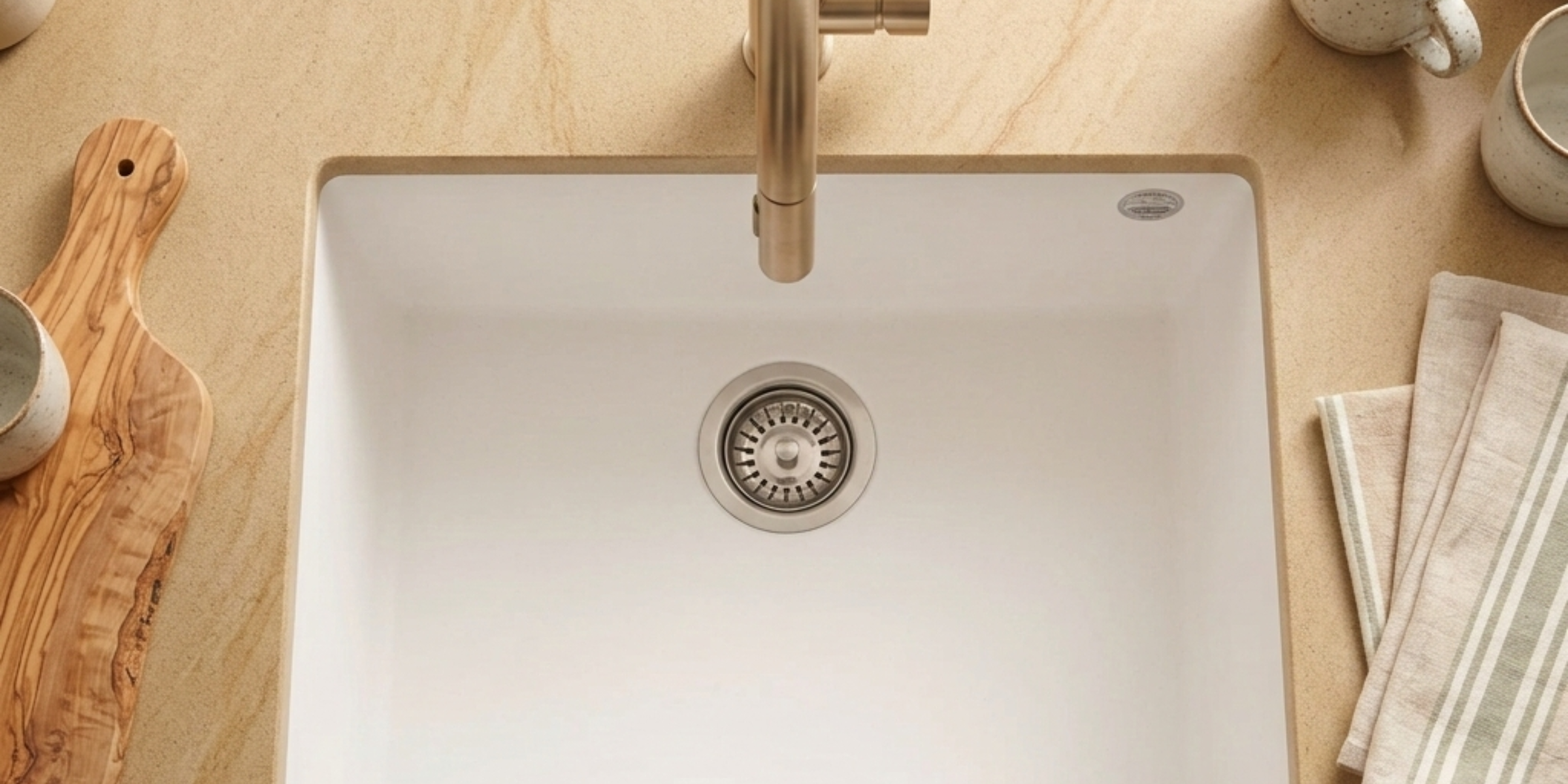 Évier sous-plan granit blanc Luisina QUADRILLE 1 bac, une installation invisible pour un plan de travail épuré et moderne.