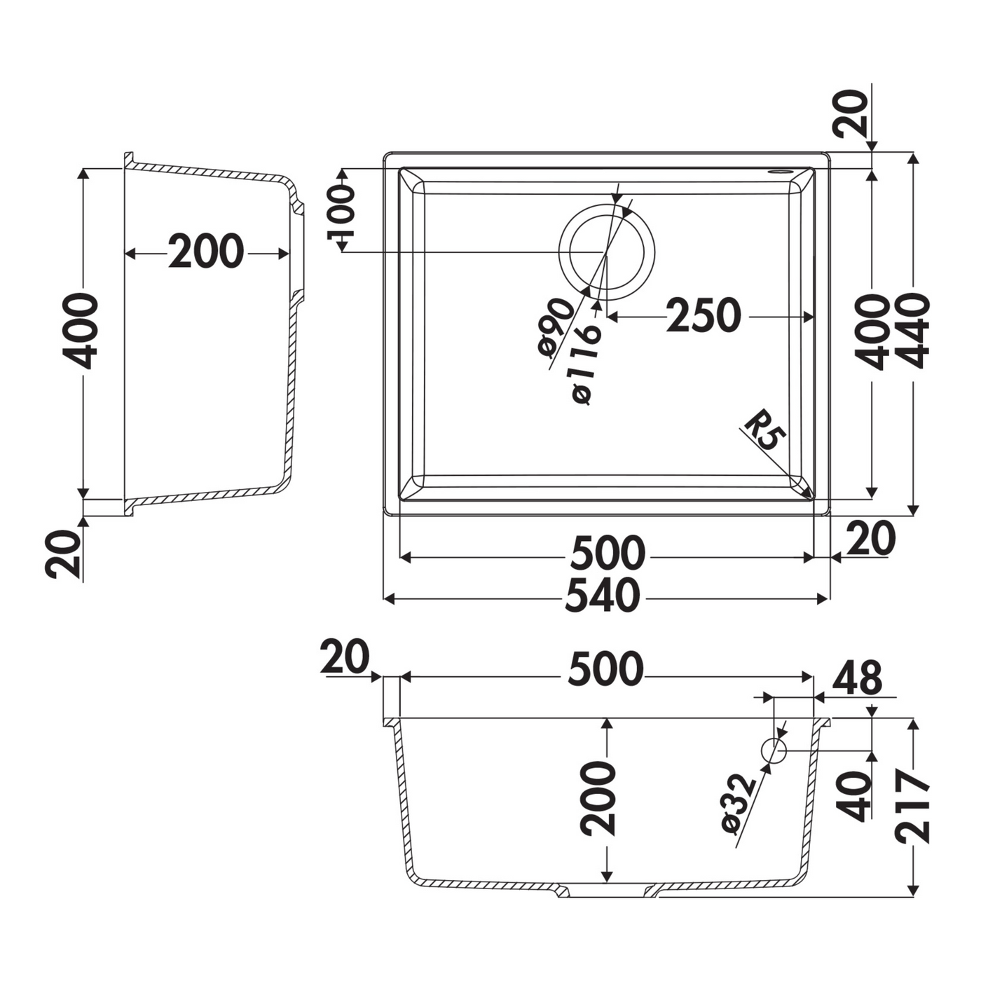 Évier sous-plan granit blanc Luisina QUADRILLE 1 bac  540x440