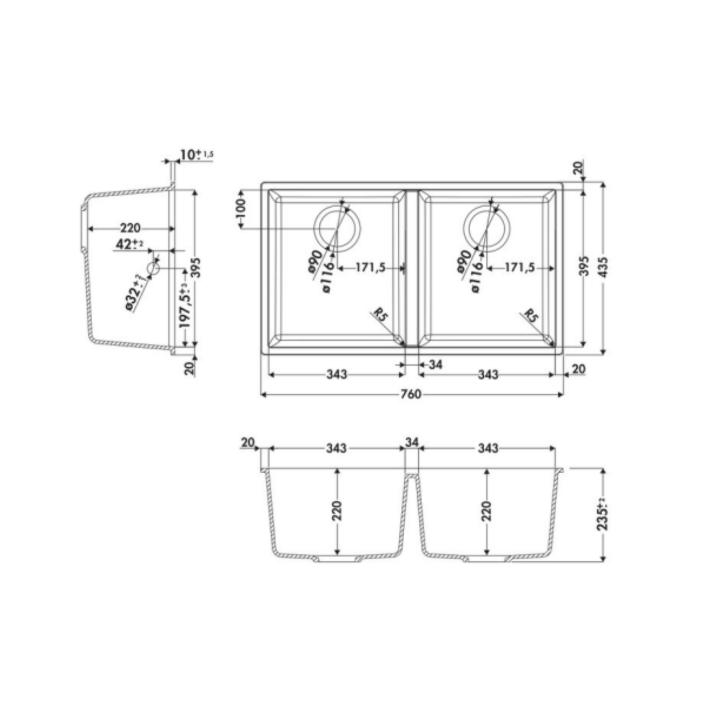 Évier sous-plan granit blanc alpin Luisina QUADRILLE 2 bacs