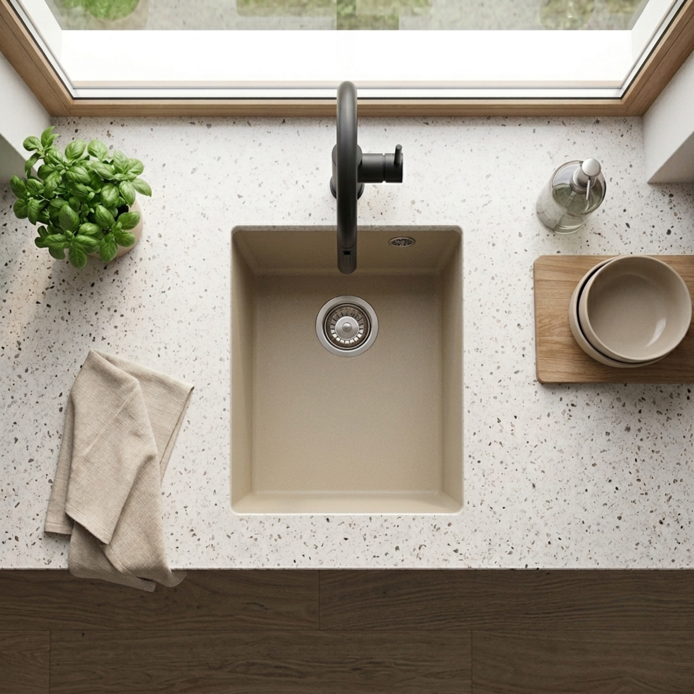 Évier sous-plan granit beige Luisina QUADRILLE 1 bac 380x440