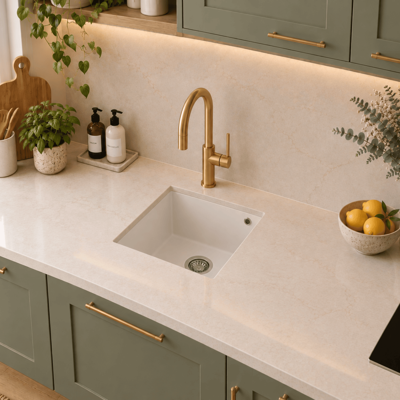 Évier sous-plan granit blanc ivoire Luisina QUADRILLE 1 bac 380x440