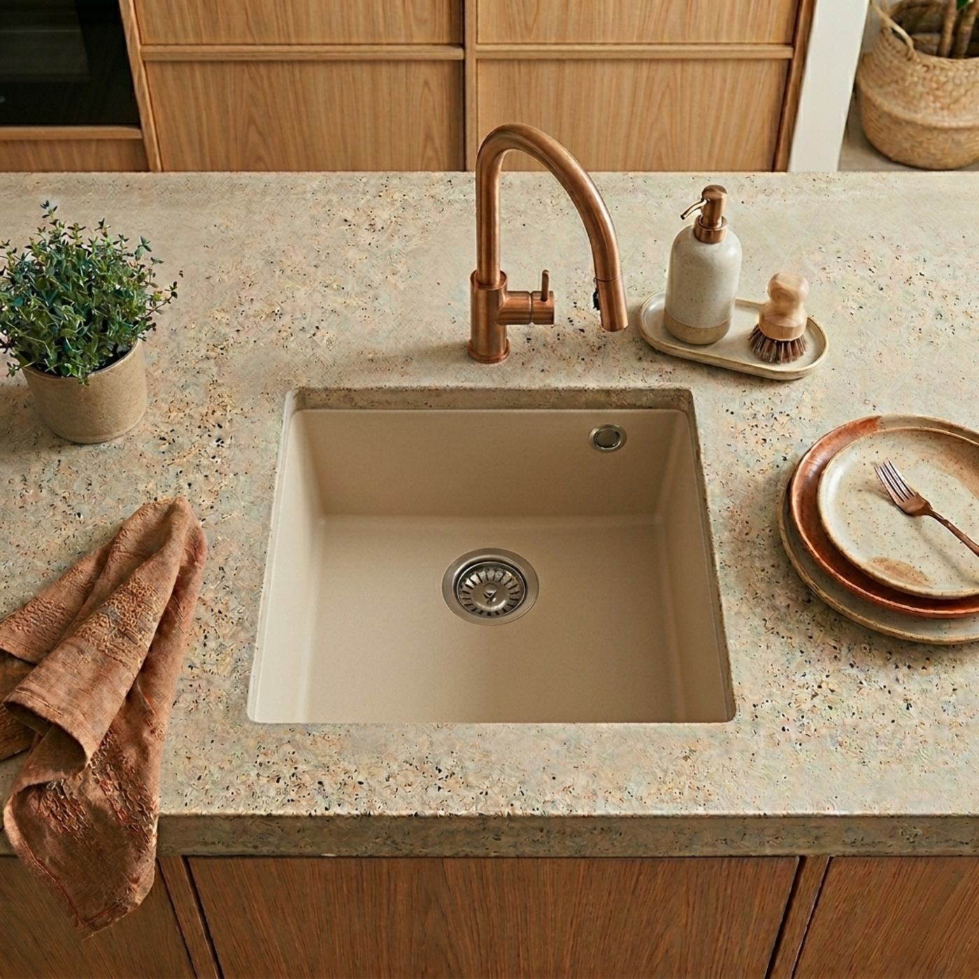 Évier sous-plan granit beige Luisina QUADRILLE 1 bac 440x440