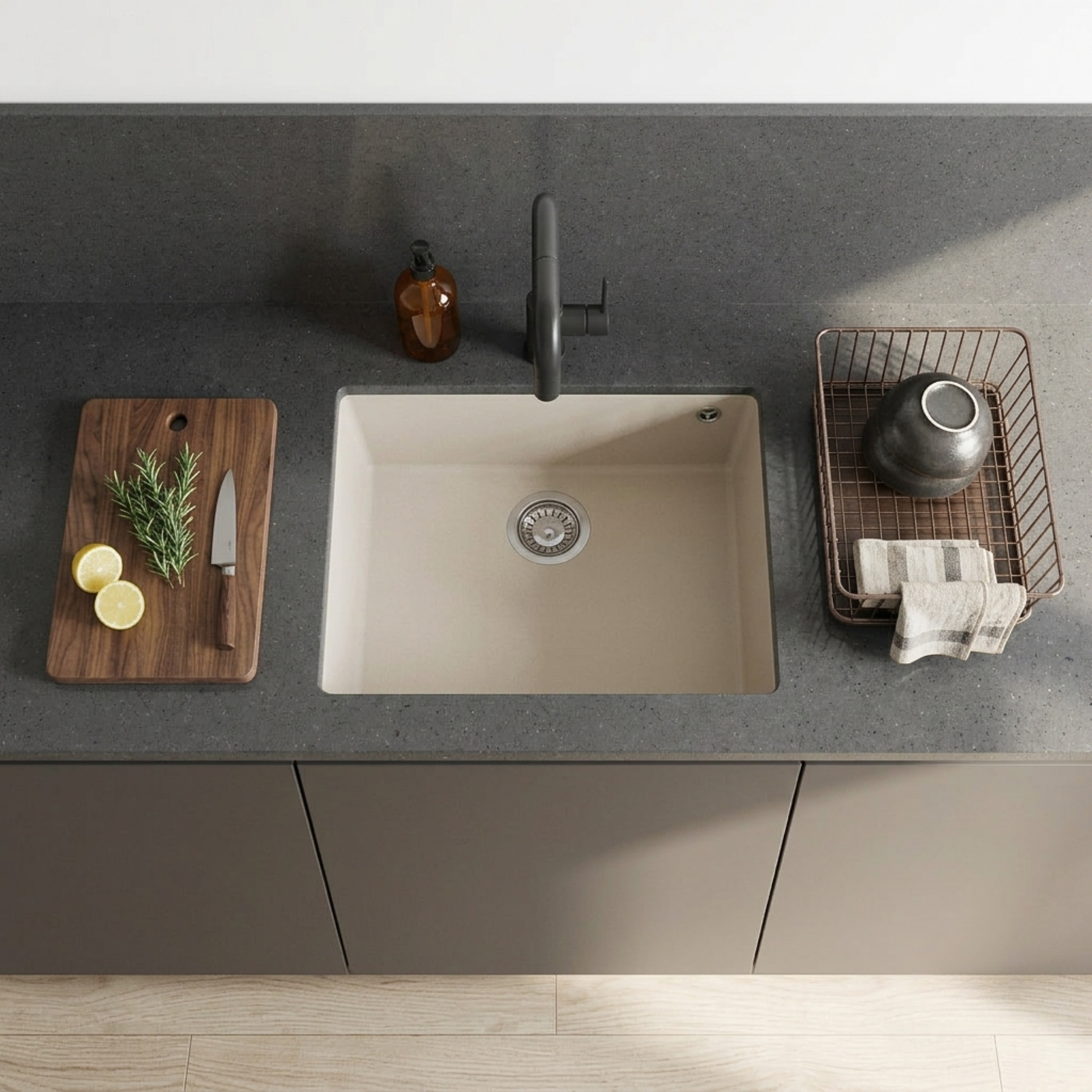Évier sous-plan granit beige Luisina QUADRILLE 1 bac 540x440