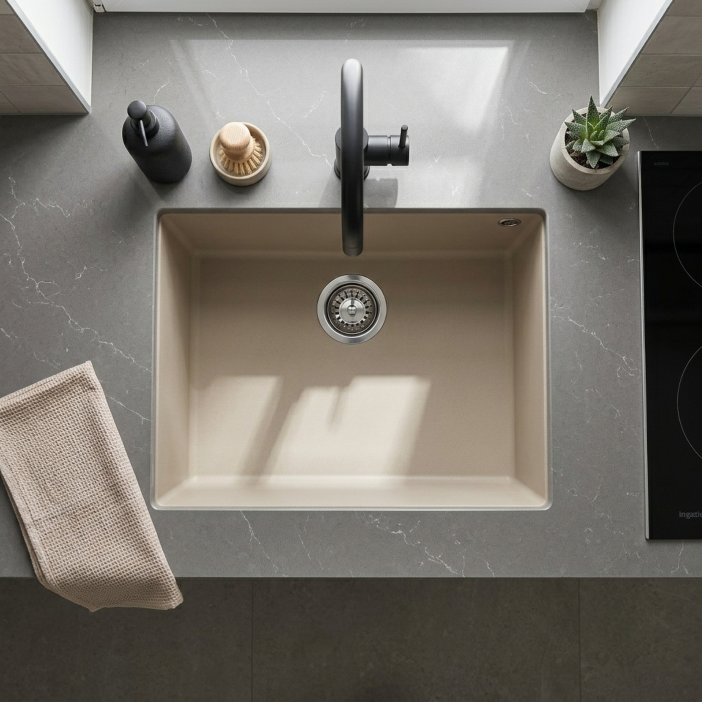 Évier sous-plan granit beige Luisina QUADRILLE 1 bac 580x440