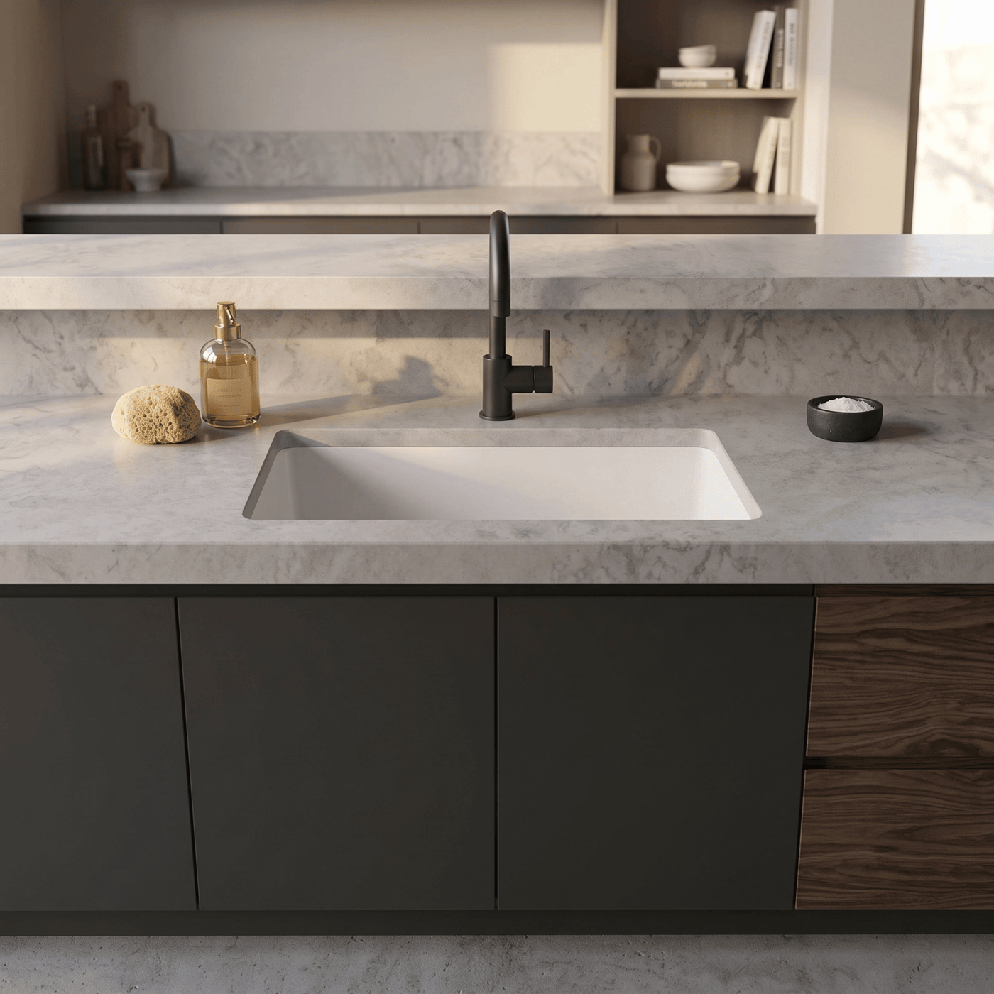 Évier sous-plan granit blanc ivoire Luisina QUADRILLE 1 bac 580x440