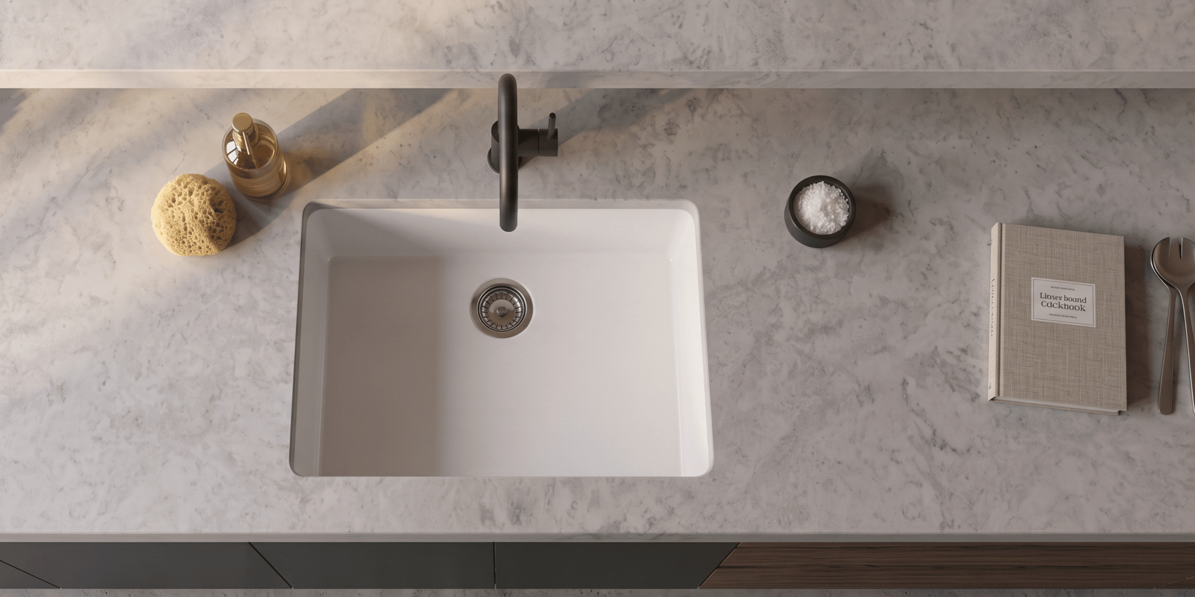 Évier sous-plan granit beige Luisina QUADRILLE 1 bac 580x440, cuve intégrée de couleur lin pour un décor de cuisine soigné.