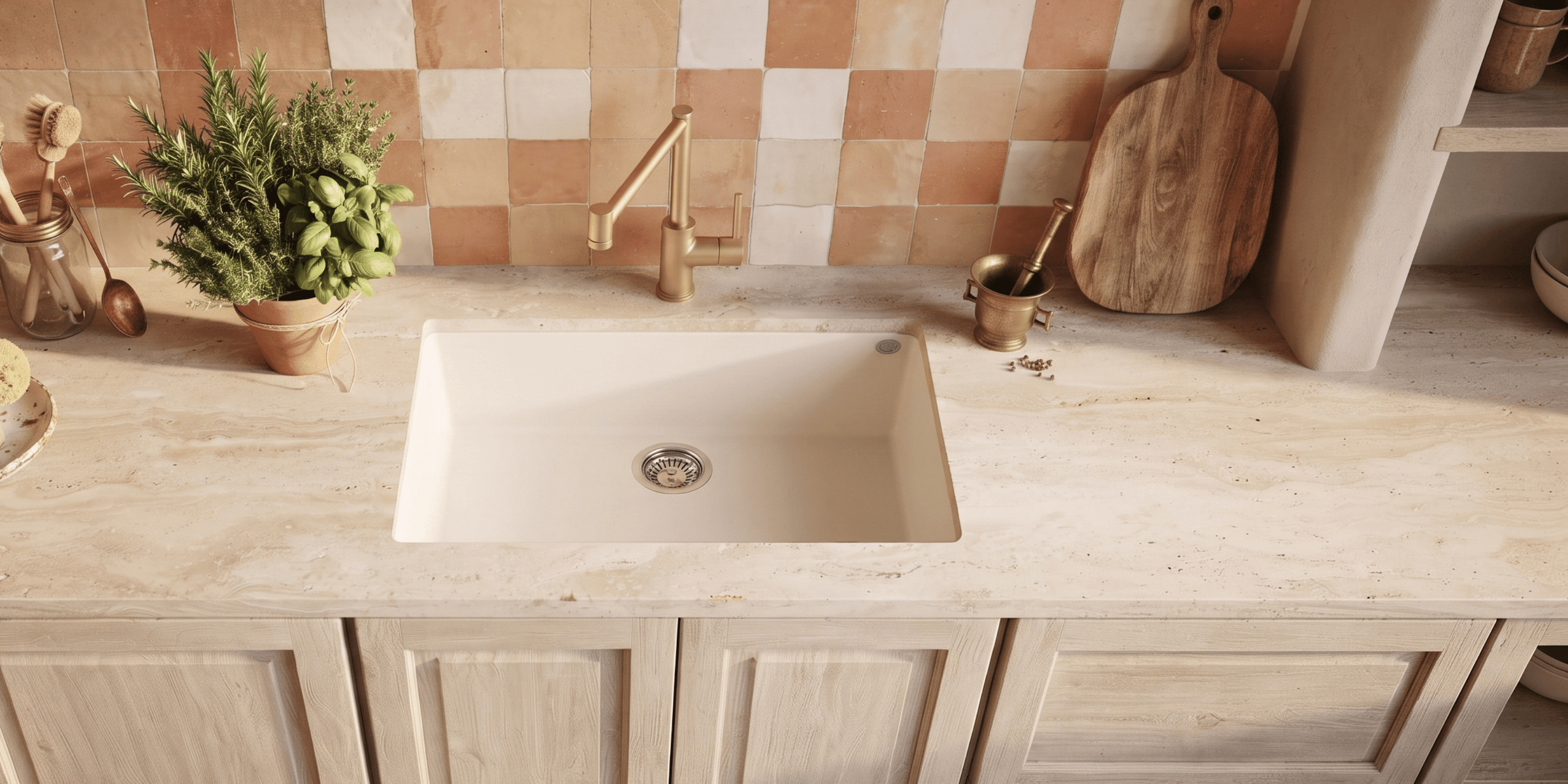 Évier sous-plan granit beige Luisina QUADRILLE 1 bac 760x440, très grand bassin couleur sable pour un confort haut de gamme.