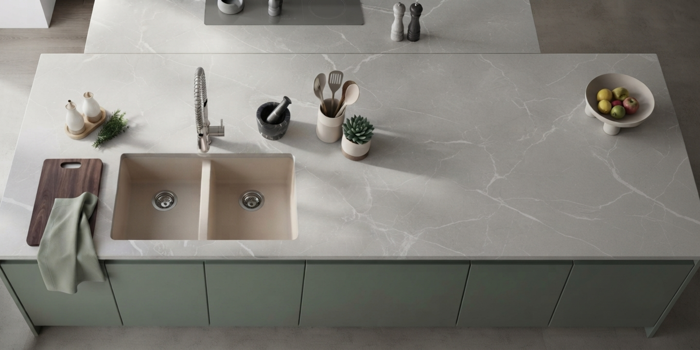 Évier sous-plan granit beige Luisina QUADRILLE 2 bacs, cuve invisible pour une ligne de plan de travail épurée et douce.