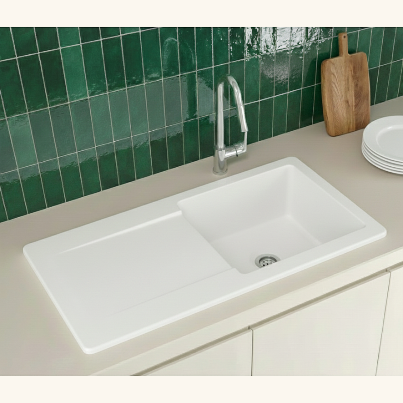 Évier céramique blanc brillant VitrA ARKITEKT 1 grand bac - 1 égouttoir