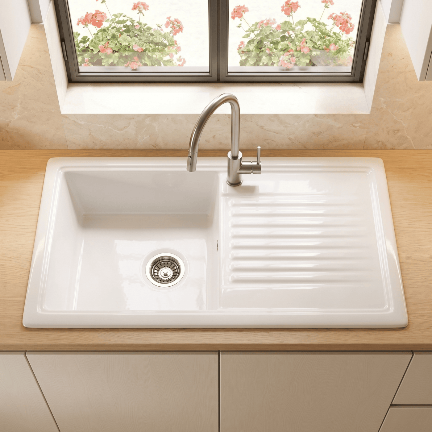 Évier céramique blanc brillant VitrA ARKITEKT 1 très grand bac 1 égouttoir